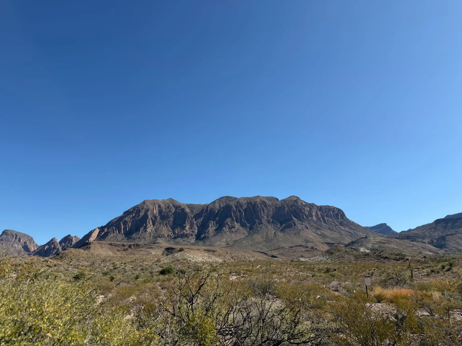 A broad rocky mountain rising above desert shrubs in West Texas.