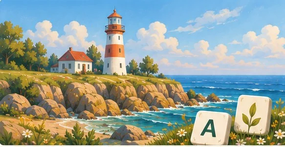 Mahjabble concept artwork featuring a coastal lighthouse and letter tiles.