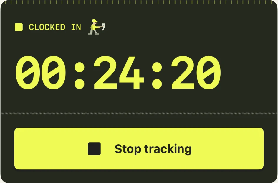 Timesheet Happens showing an active timer and its Stop tracking button.